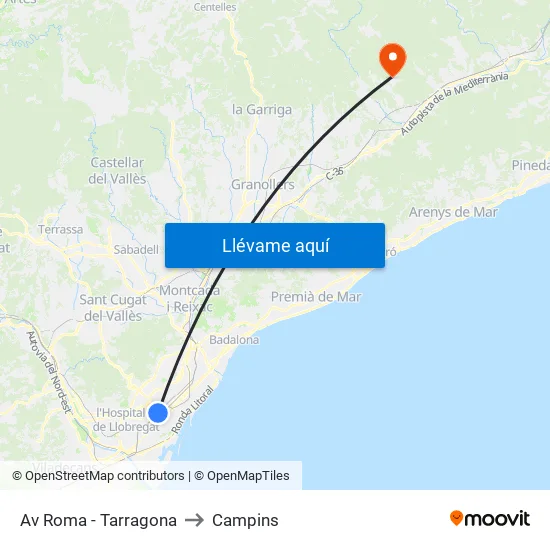 Av Roma - Tarragona to Campins map