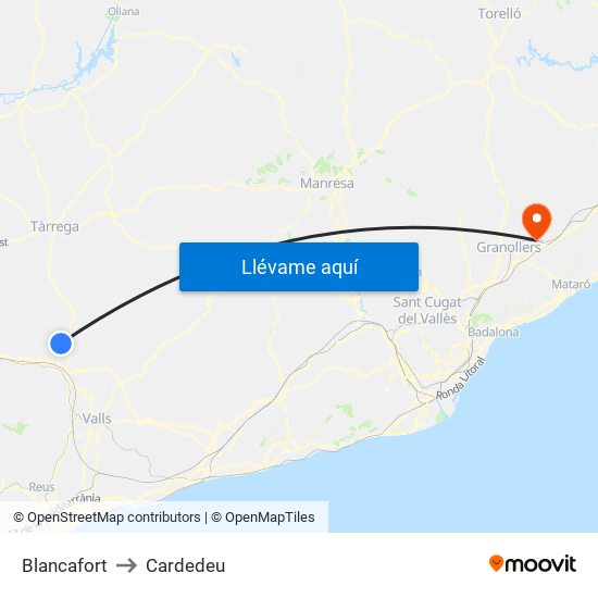 Blancafort to Cardedeu map