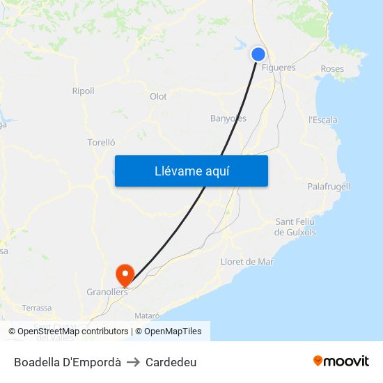 Boadella D'Empordà to Cardedeu map
