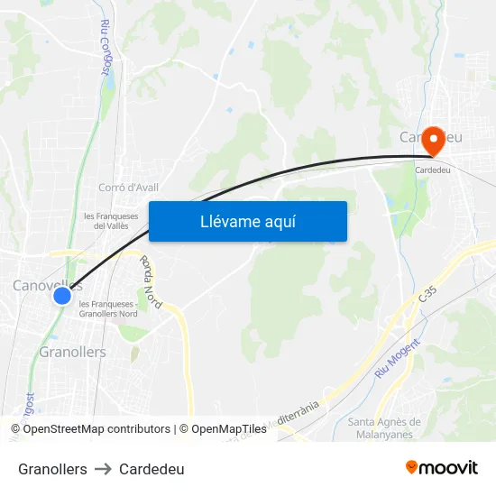 Granollers to Cardedeu map