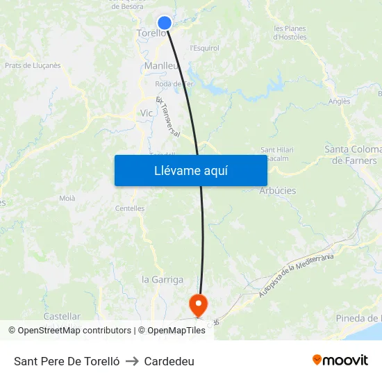 Sant Pere De Torelló to Cardedeu map