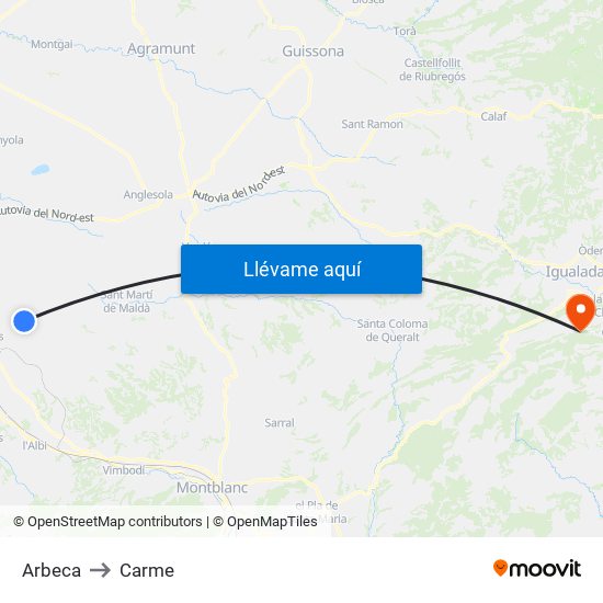 Arbeca to Carme map