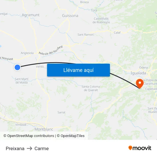 Preixana to Carme map