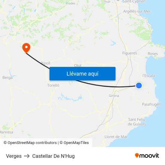 Verges to Castellar De N'Hug map