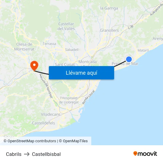 Cabrils to Castellbisbal map