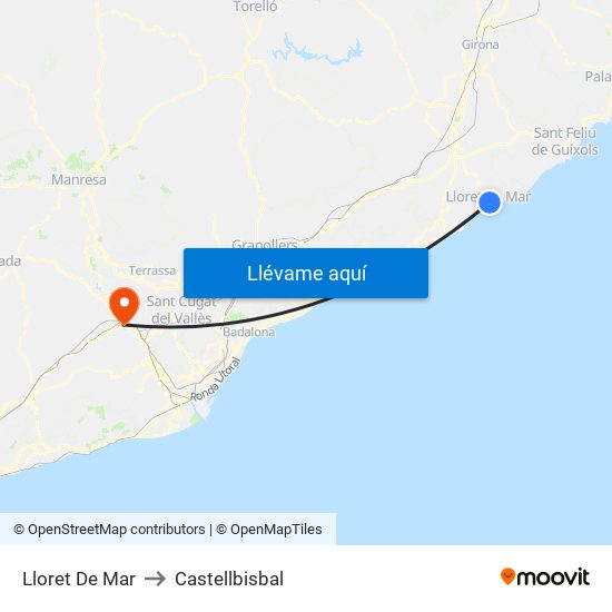 Lloret De Mar to Castellbisbal map