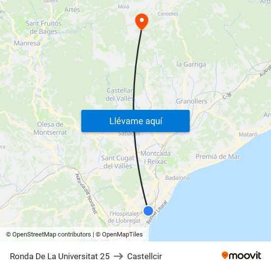 Ronda De La Universitat 25 to Castellcir map