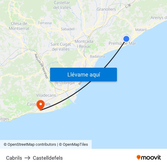 Cabrils to Castelldefels map