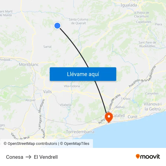 Conesa to El Vendrell map
