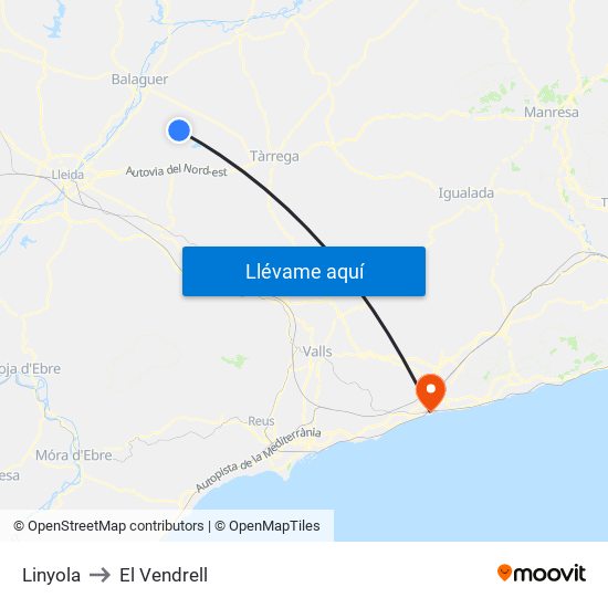 Linyola to El Vendrell map