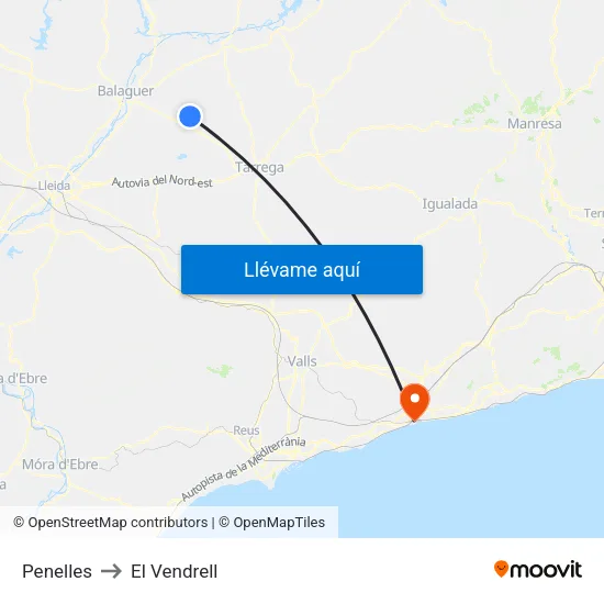 Penelles to El Vendrell map
