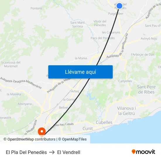 El Pla Del Penedès to El Vendrell map
