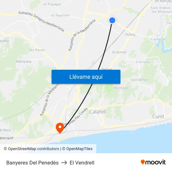 Banyeres Del Penedès to El Vendrell map