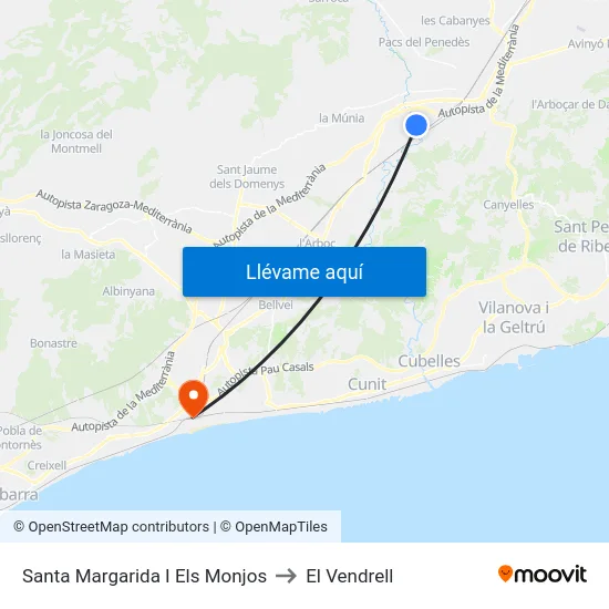 Santa Margarida I Els Monjos to El Vendrell map