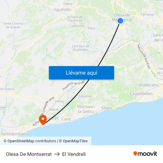 Olesa De Montserrat to El Vendrell map