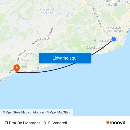 El Prat De Llobregat to El Vendrell map