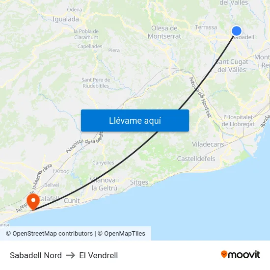 Sabadell Nord to El Vendrell map
