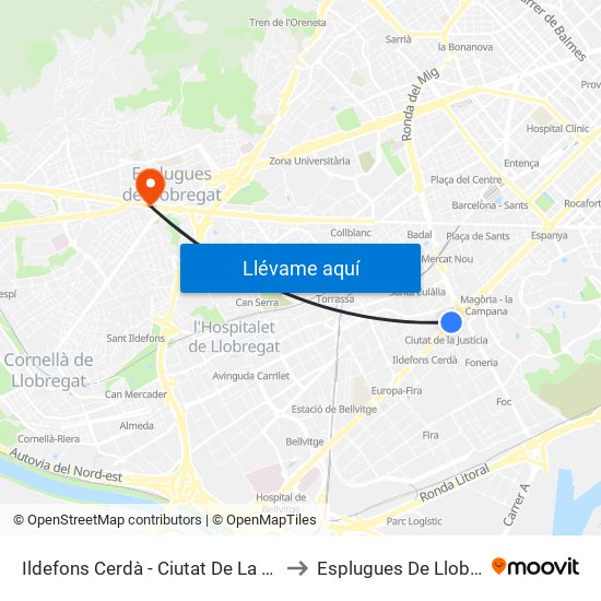 Ildefons Cerdà - Ciutat De La Justícia to Esplugues De Llobregat map