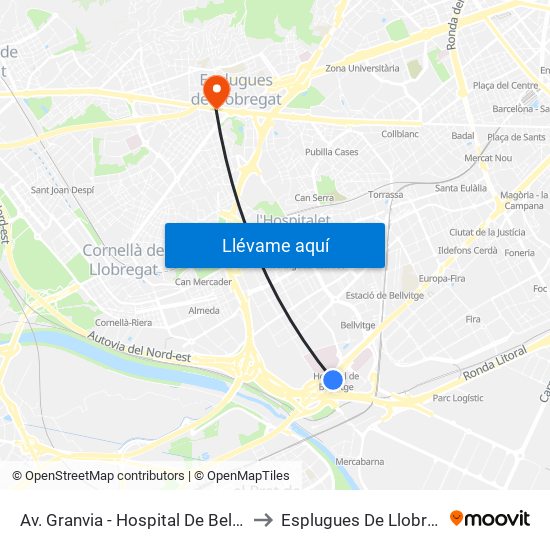 Av. Granvia - Hospital De Bellvitge to Esplugues De Llobregat map