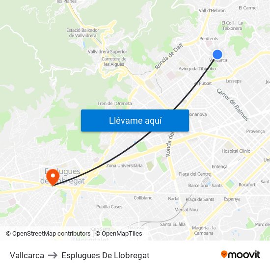 Vallcarca to Esplugues De Llobregat map