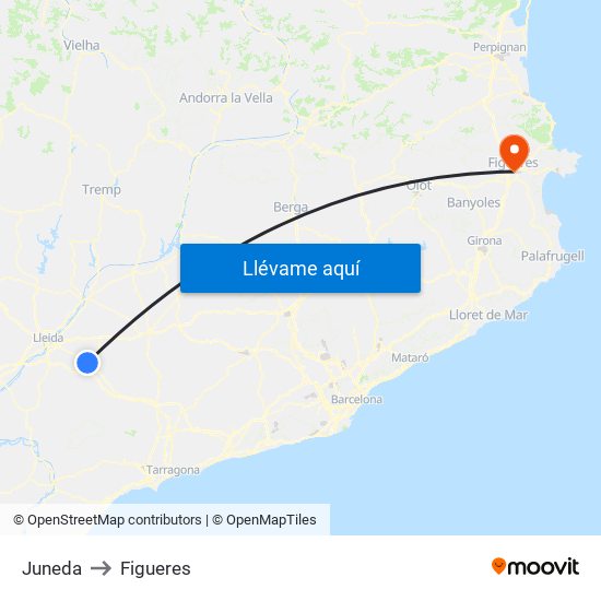 Juneda to Figueres map