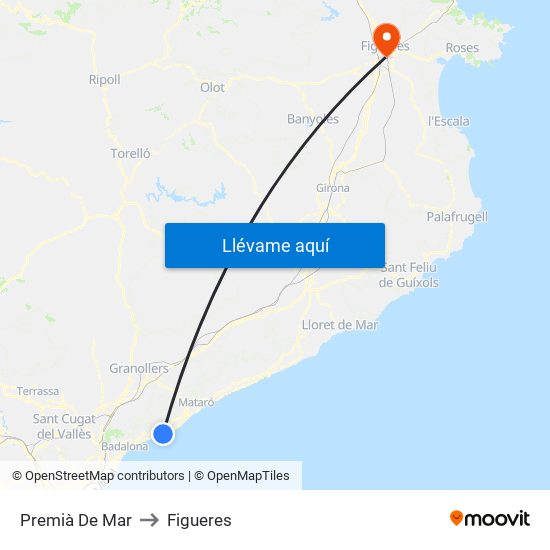 Premià De Mar to Figueres map