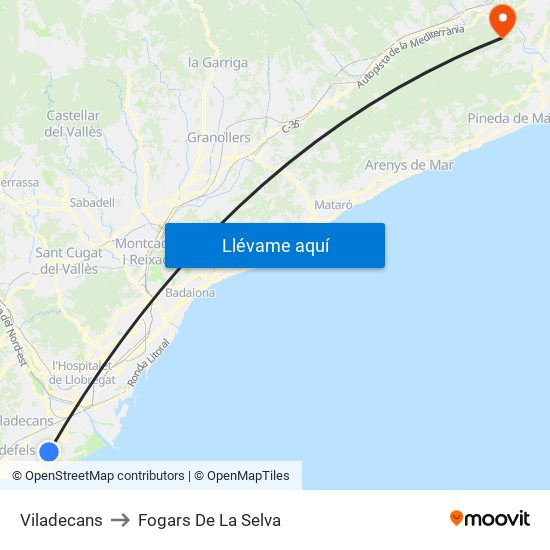 Viladecans to Fogars De La Selva map