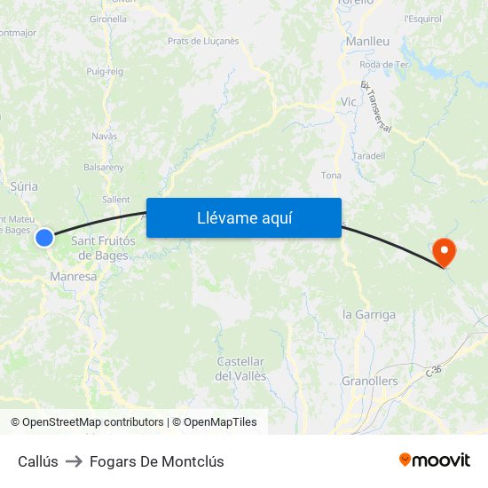 Callús to Fogars De Montclús map