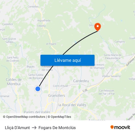 Lliçà D'Amunt to Fogars De Montclús map