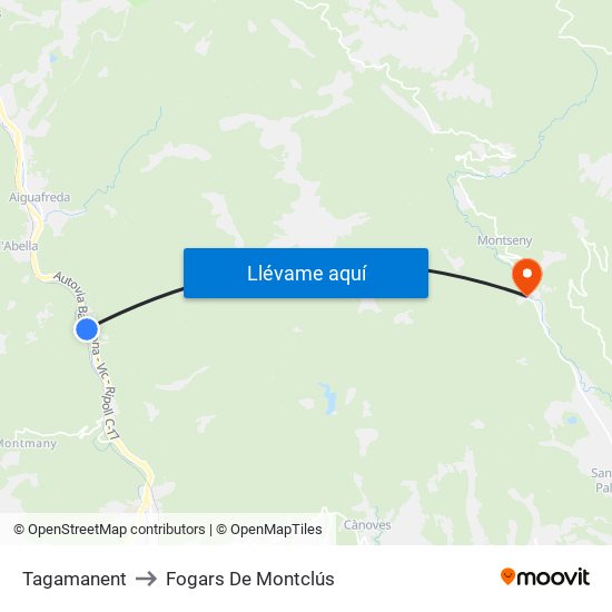 Tagamanent to Fogars De Montclús map
