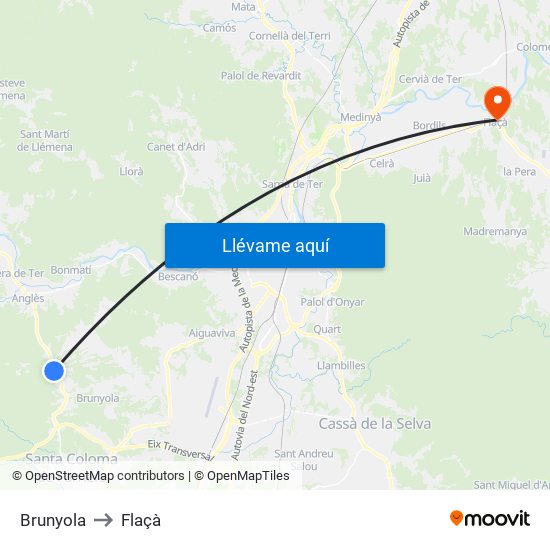 Brunyola to Flaçà map