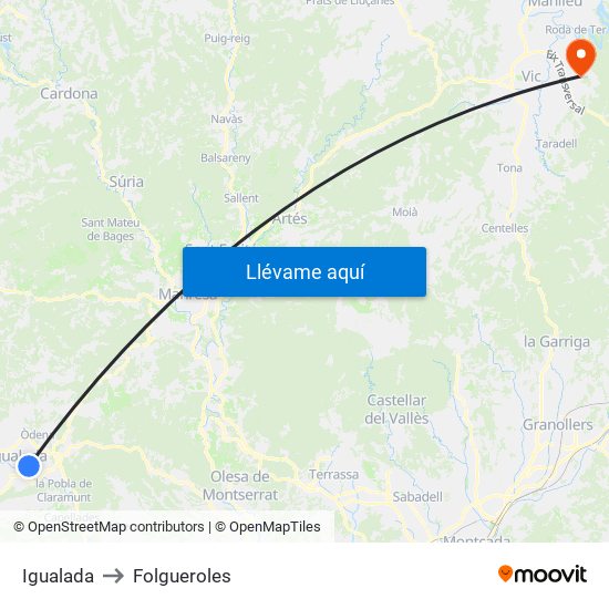 Igualada to Folgueroles map