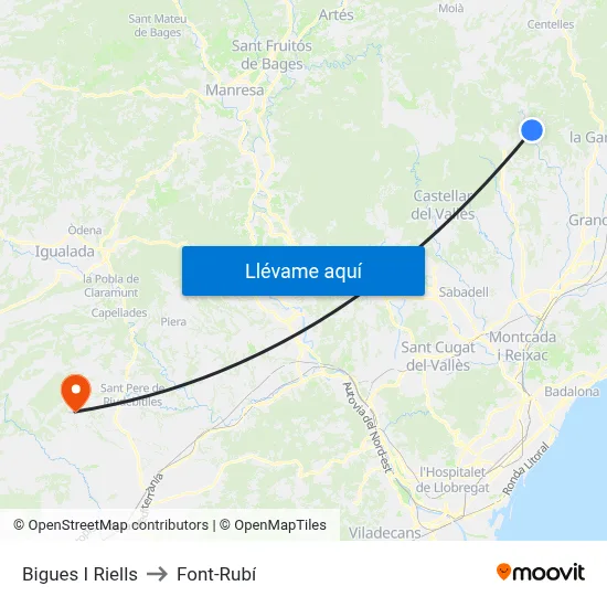 Bigues I Riells to Font-Rubí map