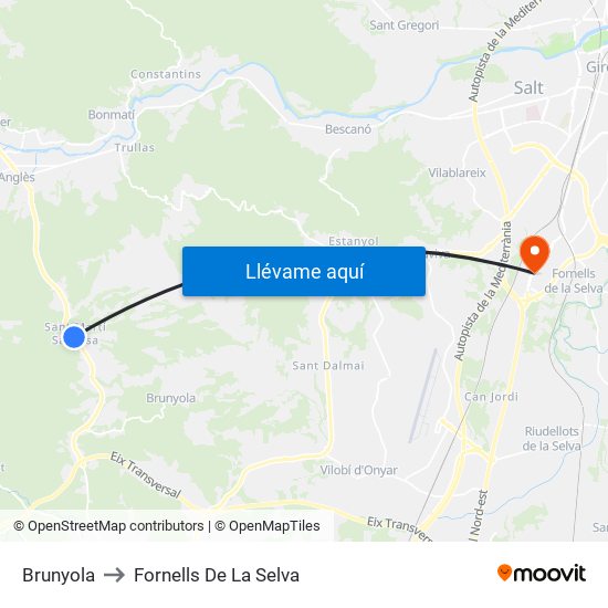 Brunyola to Fornells De La Selva map