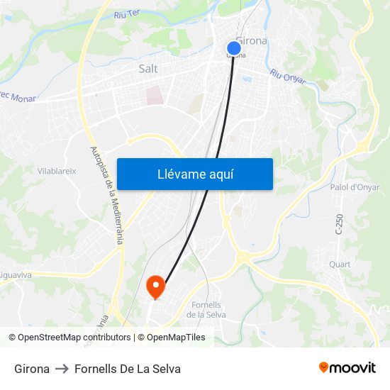 Girona to Fornells De La Selva map