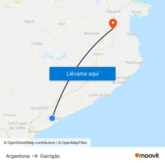 Argentona to Garrigàs map