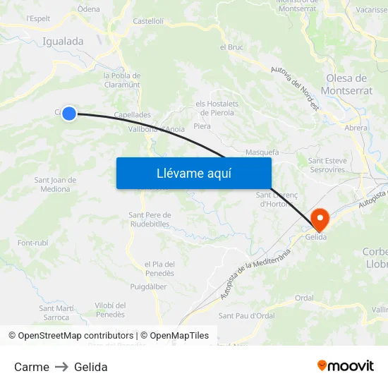 Carme to Gelida map