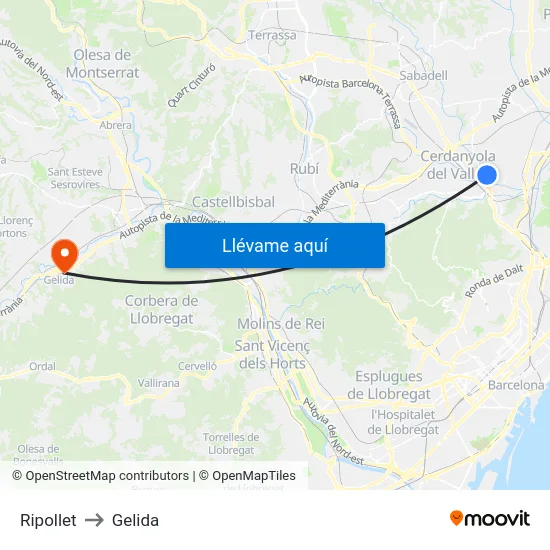 Ripollet to Gelida map
