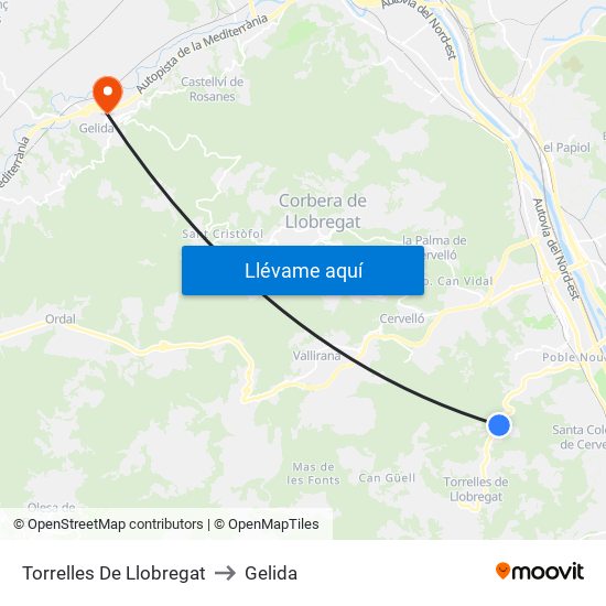 Torrelles De Llobregat to Gelida map