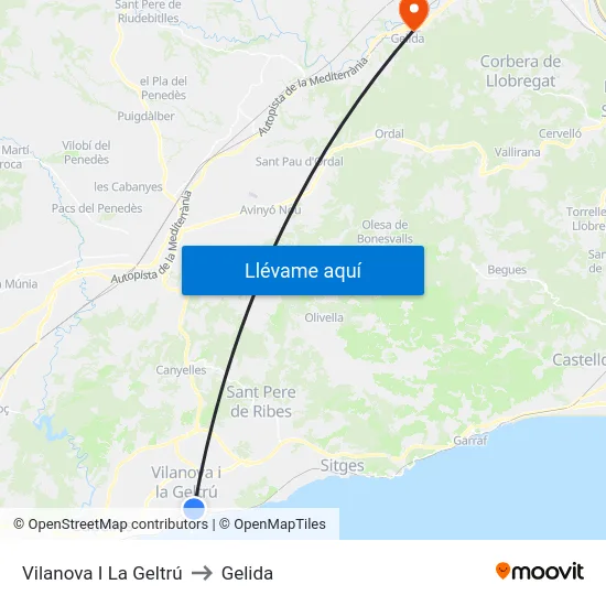 Vilanova I La Geltrú to Gelida map