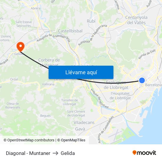 Diagonal - Muntaner to Gelida map