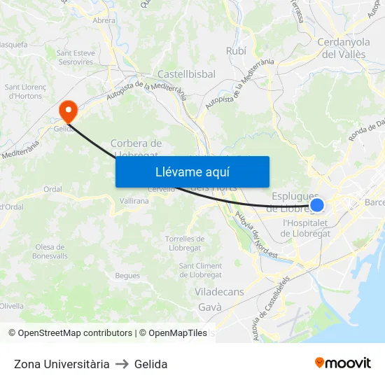 Zona Universitària to Gelida map