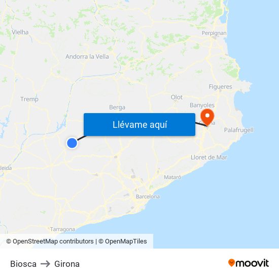 Biosca to Girona map