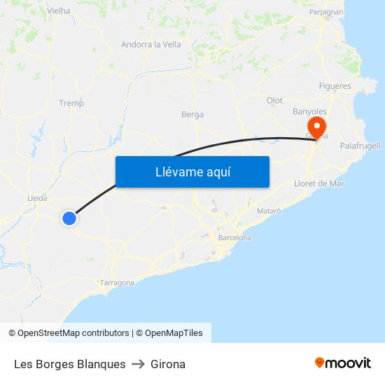 Les Borges Blanques to Girona map