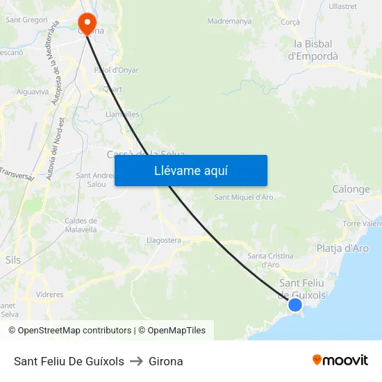 Sant Feliu De Guíxols to Girona map