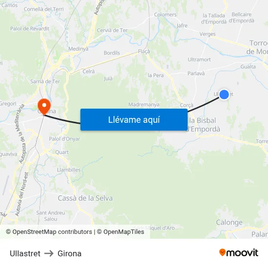 Ullastret to Girona map