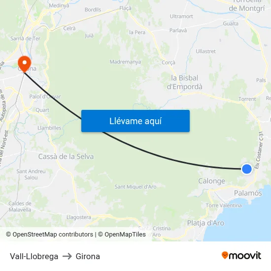 Vall-Llobrega to Girona map