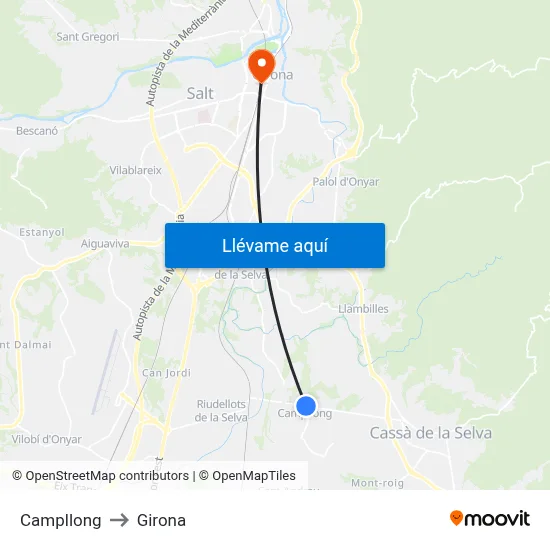 Campllong to Girona map