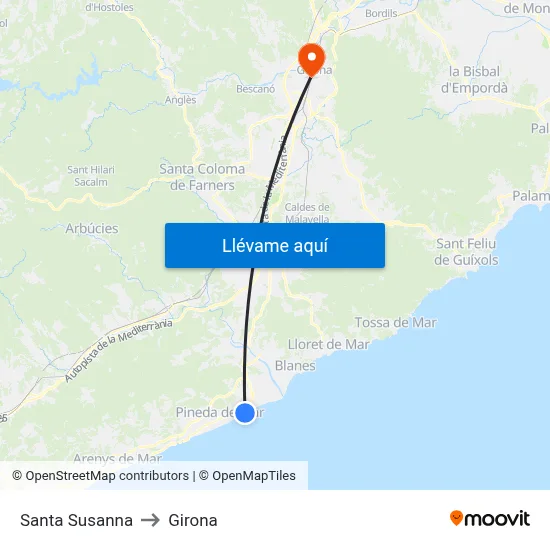 Santa Susanna to Girona map
