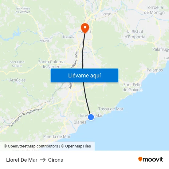 Lloret De Mar to Girona map